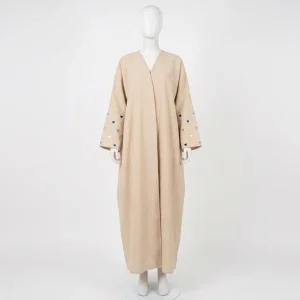 Abaya kimono lin brodé cœur style pudique femme - Vue 1 - Abaya Kimono